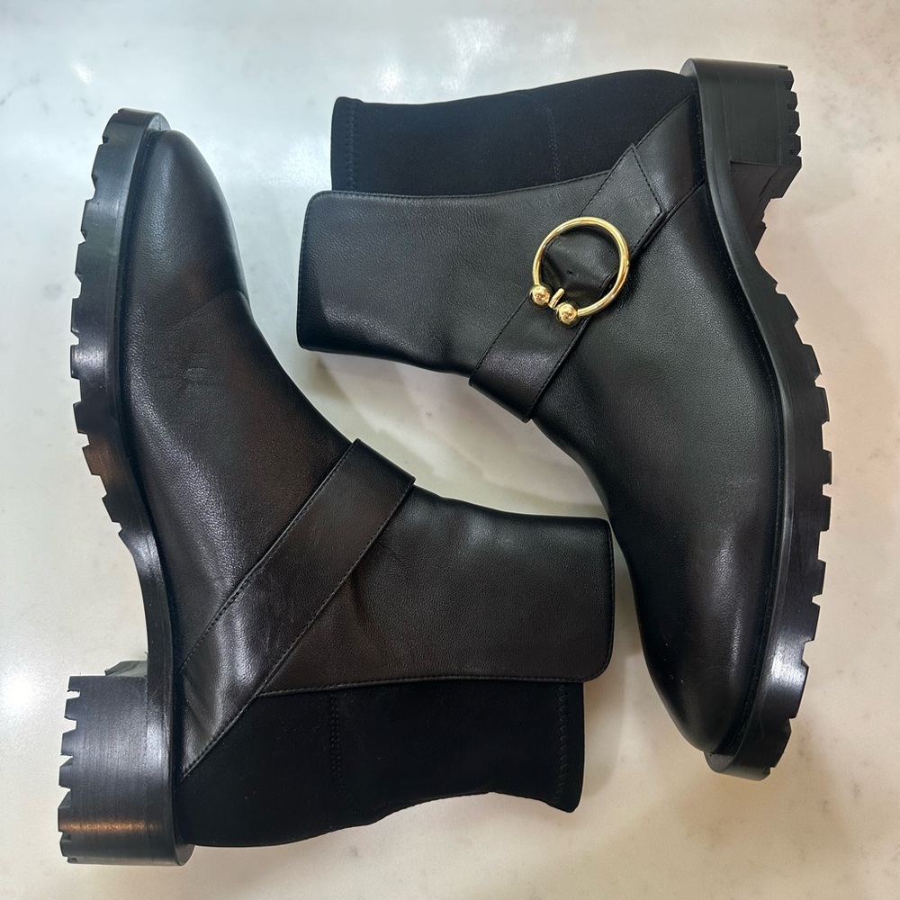 Stuart Weitzman Black Ankle Boots with Gold Accent - Picture 2 of 11